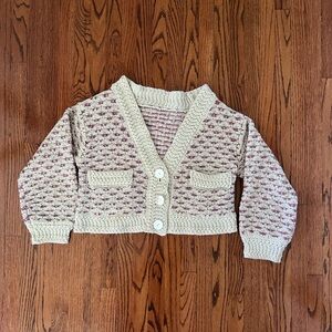 Cream and purple/pink crochet/knit cardigan